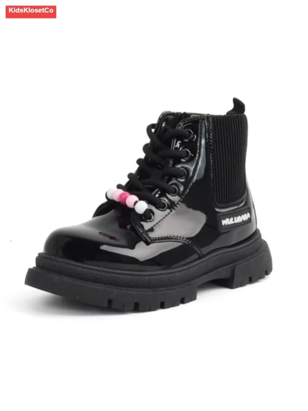 Girls Patent PU Lace-Up Combat Ankle Booties with Lug Sole